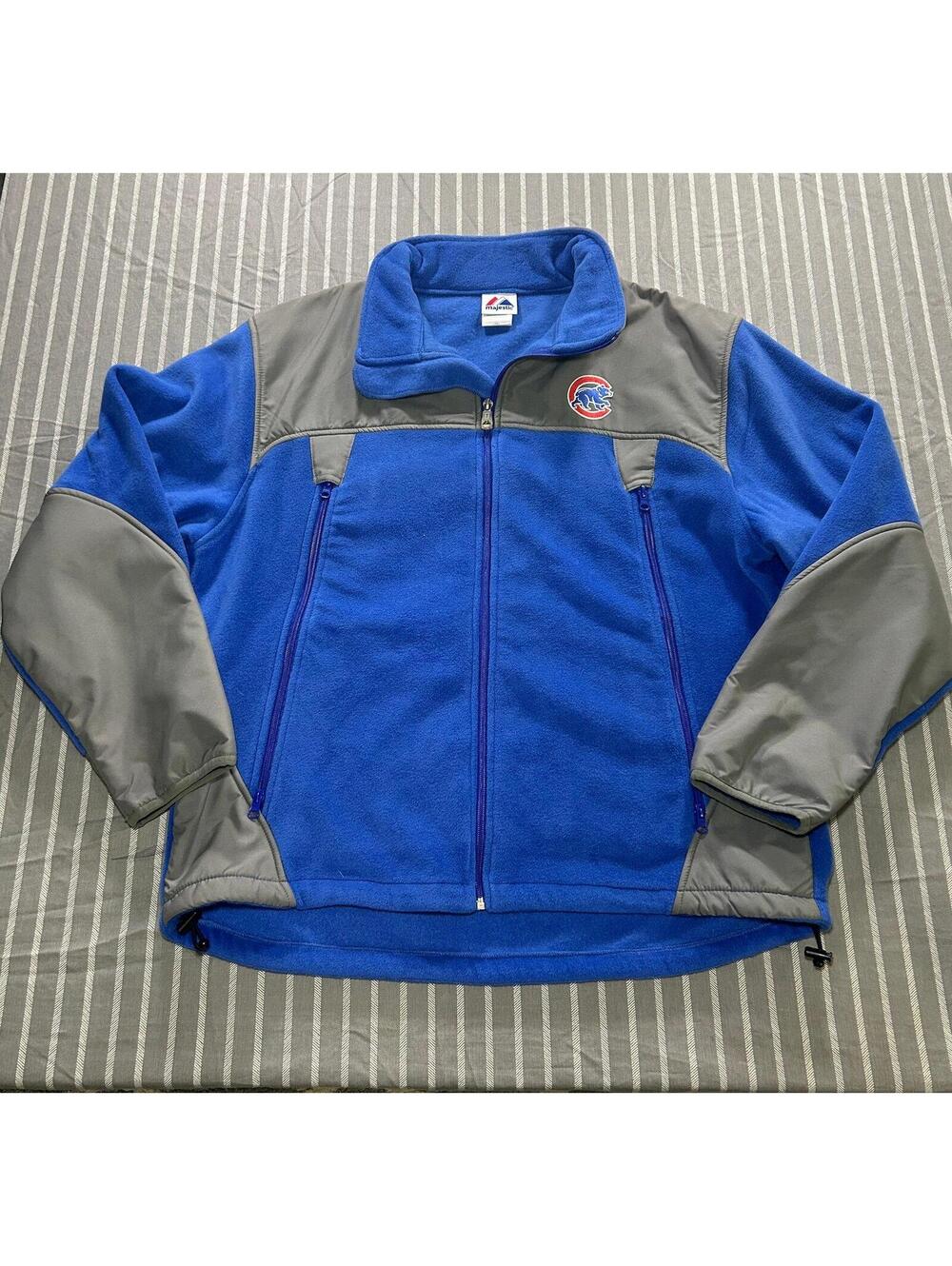 Majestic Chicago Cubs full-zip fleece on-field jacket in blue and gray Men's L